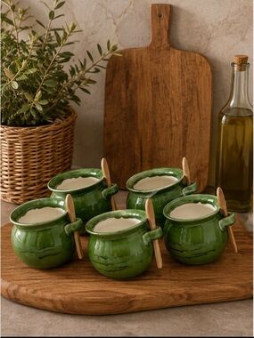 Glazed Stoneware Salt Spice Pots by Creative Co-op Acacia Spoons Green Set of 5